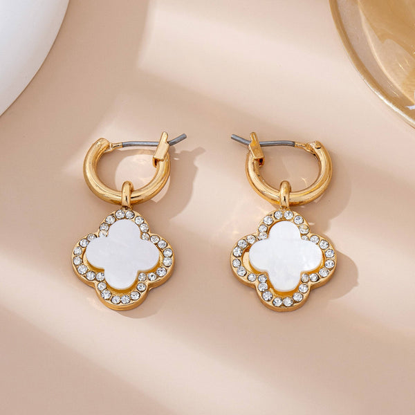 Gold Rhinestone Clover Drop Hoop Earrings