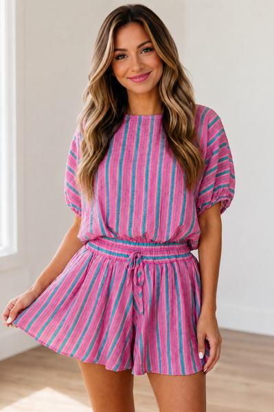 Pink & Blue Stripe Shorts & Top Set