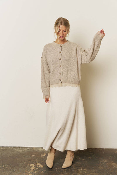 Lace Trim Exposed Seam Button Down Knit Cardigan