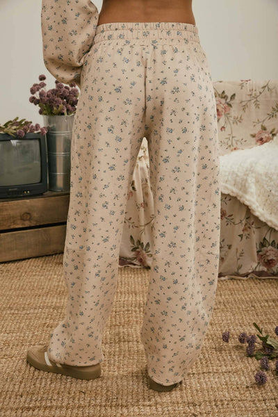 Oatmeal Ditsy Floral Drawstring Wide Leg Pants