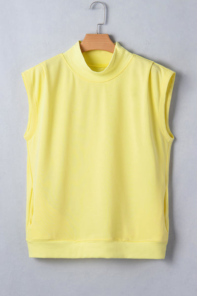 Yellow High Neck Cap Sleeve Top With Pockets