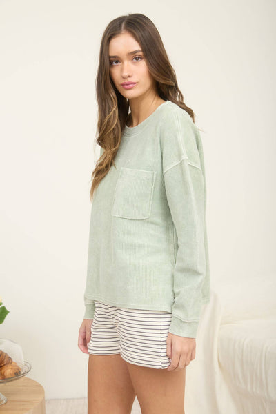 Light Olive Washed Pocked Ribbed Knit Top