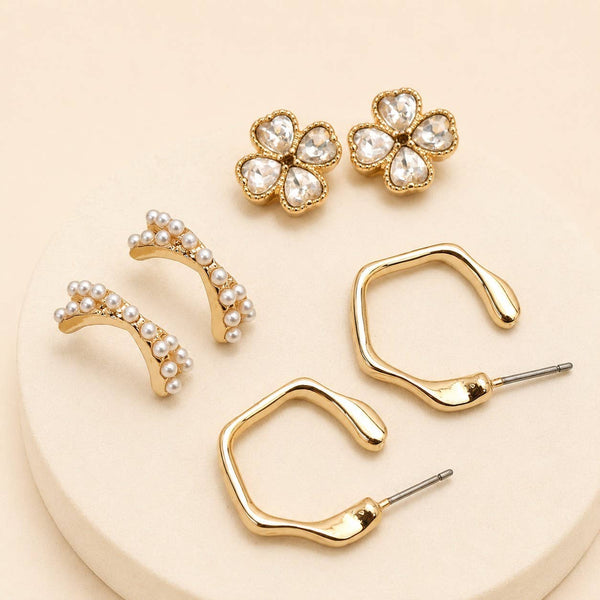 Gold Floral Gem Pearl Hoop Trio Earrings