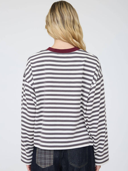 Charcoal Stripe Color-Block Trim Top
