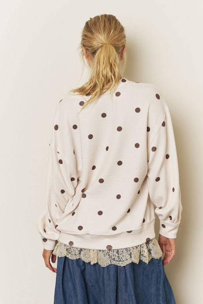 Cream and Mocha Polka Dot Long Sleeve Textured Knit Top