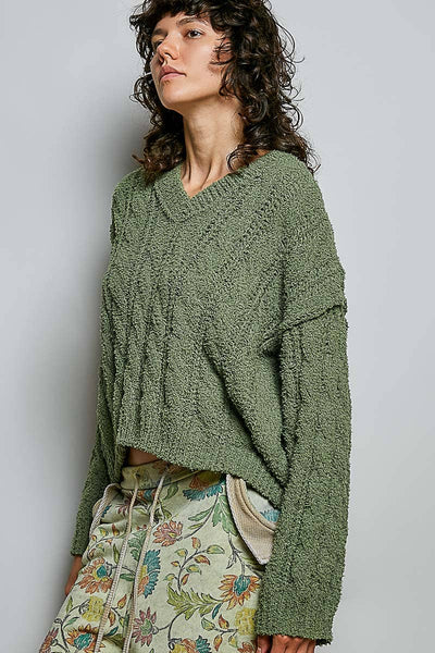 Olive Cropped V-Neck Sweater