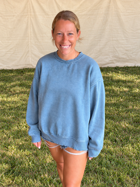 Blue Grey Acid Wash Fleece Oversized Pullover