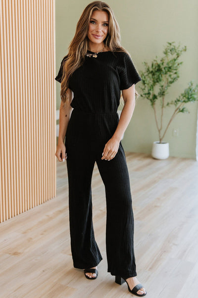 Black Ribbed Short Sleeve Wide Leg Jumpsuit