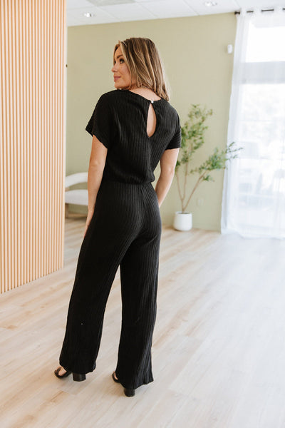 Black Ribbed Short Sleeve Wide Leg Jumpsuit