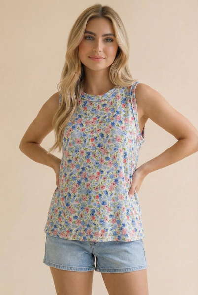 Ivory & Blue Floral Sleeveless Top