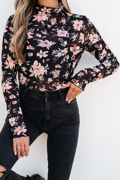 Black Floral Mesh Mock Neck Long Sleeve Top