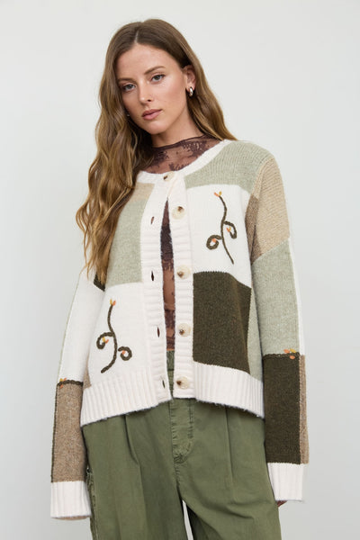Olive Checkered Embroidered Knit Cardigan