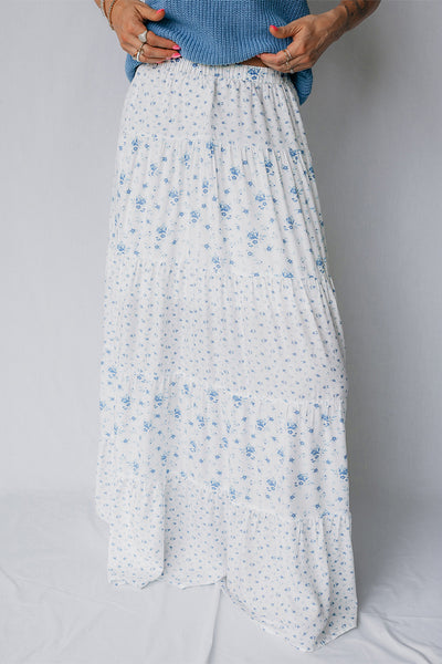 Sky Blue Floral Print Boho Maxi Skirt