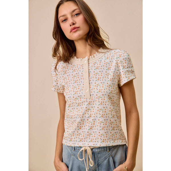 Ivory & Peach Floral Short Sleeve Knit Top