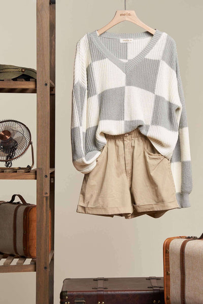 Cropped Dusty Mint Checkered V-Knit Sweater