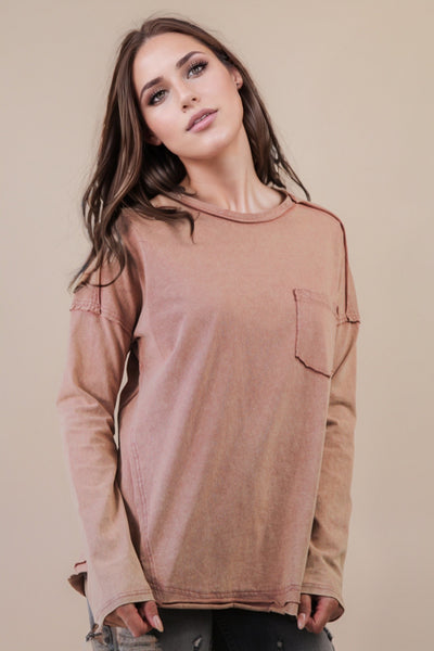 Mocha Mineral Wash Long Sleeve Top