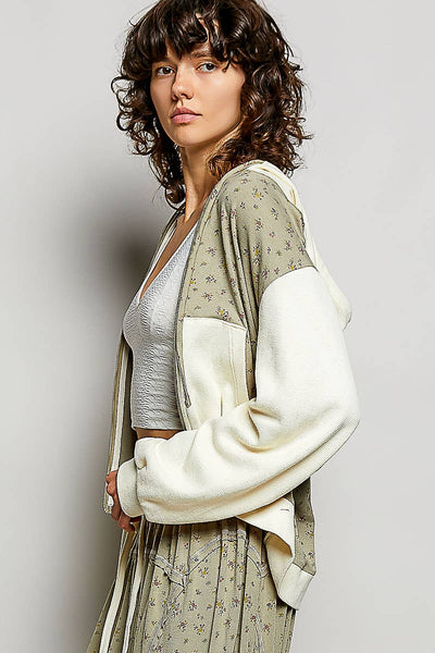 Sage Thermal Floral Knit Zip-Up Hoodie