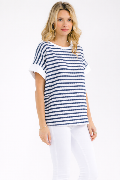 Navy Striped Open Back Knit Top