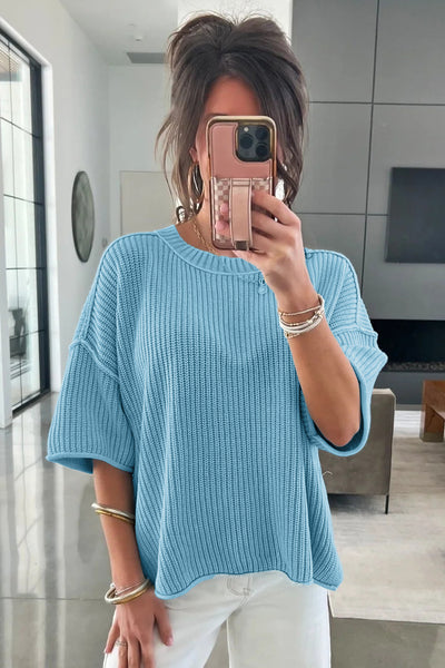 Mist Blue Exposed Seam Half Sleeve Sweater