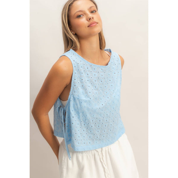Baby Blue Sleeveless Textured Eyelet Top With Side Straps