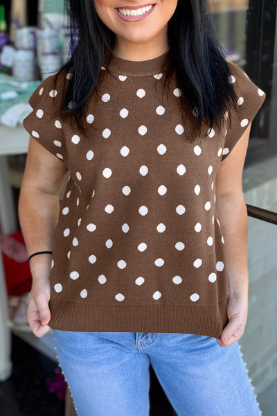 Brown Polka Dot Short Sleeve Sweater