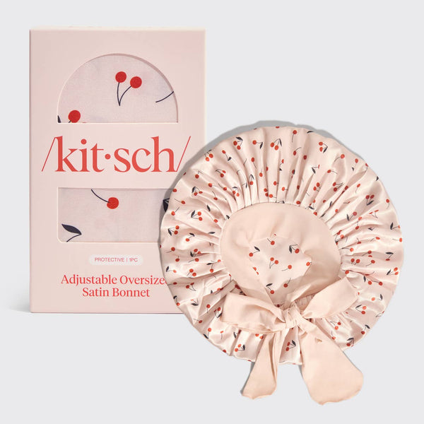Kitsch Adjustable Oversized Satin Bonnet - Cherry Print