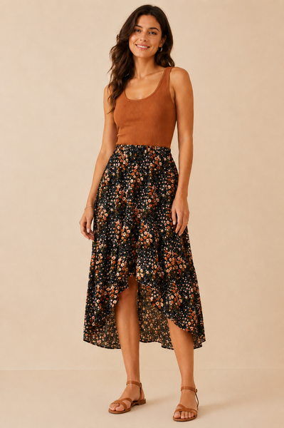 Black Floral Print Asymmetric Midi Skirt