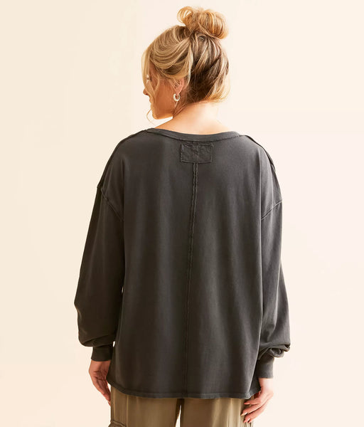 Black Oversized Washed Long Sleeve Pocket Tee