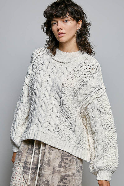 Cream Mock Neck Balloon Sleeve Cable Knit Sweater