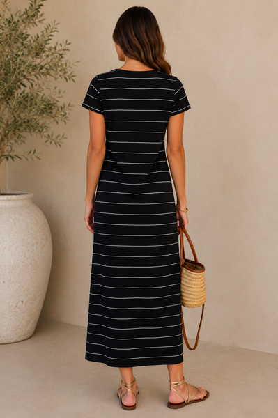 Black Stripe Side Slit Maxi T-Shirt Dress