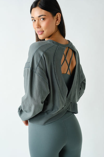 Eucalyptus Crescent Pima Cotton Open Back Long Sleeve Tee