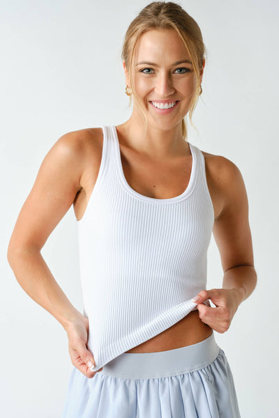 White Ribbed Scoop-Neck Built-in-Bra Tank Top
