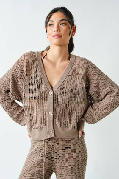 Silken Taupe Coastal Crochet Air Knit Top