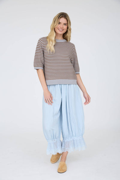 Gray and Mocha Textured Stripe Crew Neck Half Sleeve Sweater