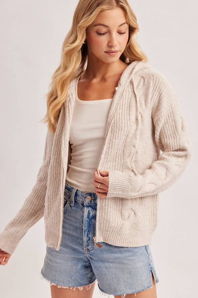 Oatmeal Zip-Up Cable Knit Sweater Cardigan With Hood