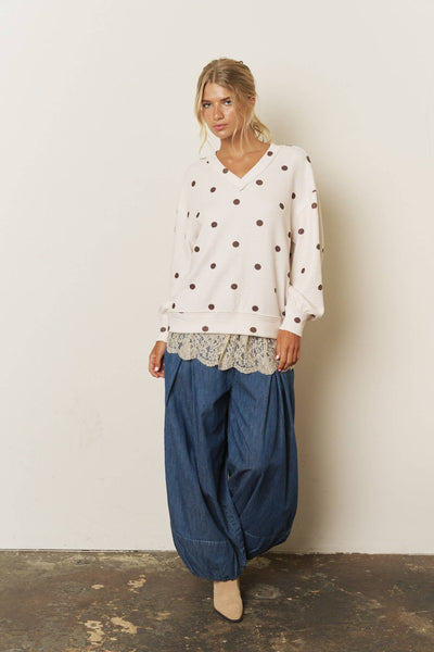 Cream and Mocha Polka Dot Long Sleeve Textured Knit Top