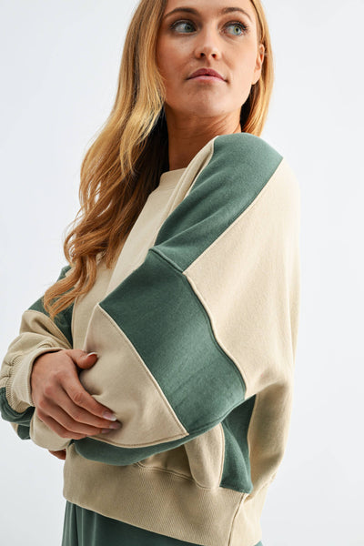 Evergreen & Taupe Color-Block Sweatshirt