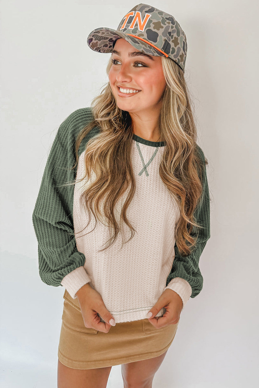Olive & Oatmeal Waffle Color-Block Raglan