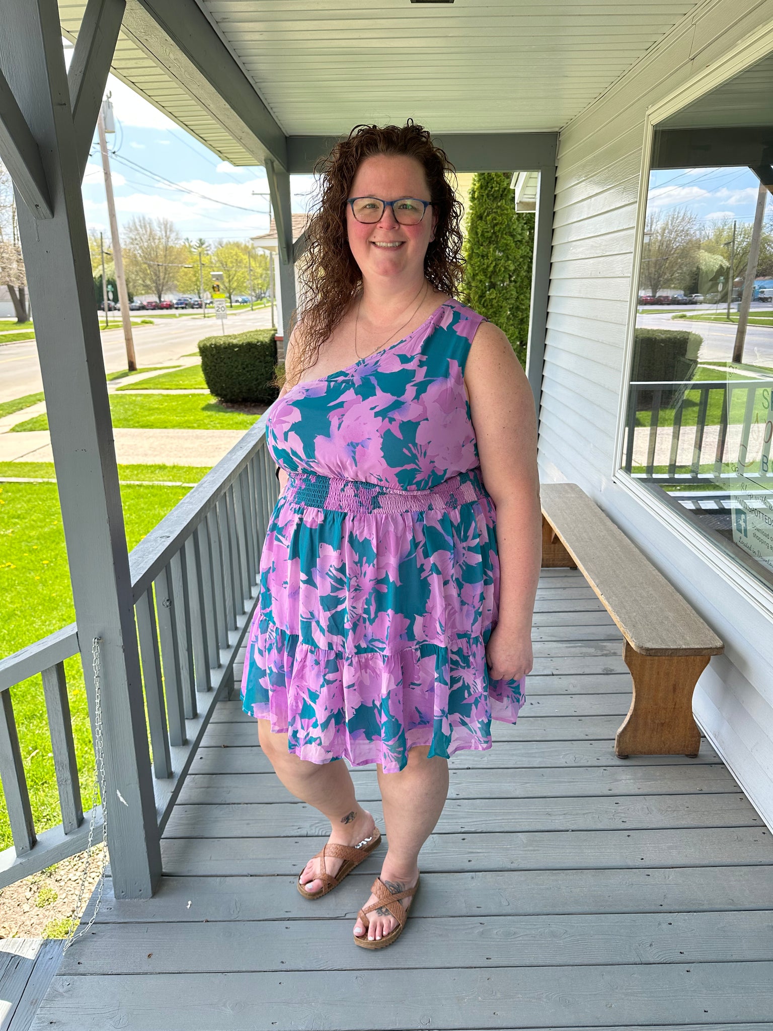 Curvy Lavender Floral One Shoulder Dress