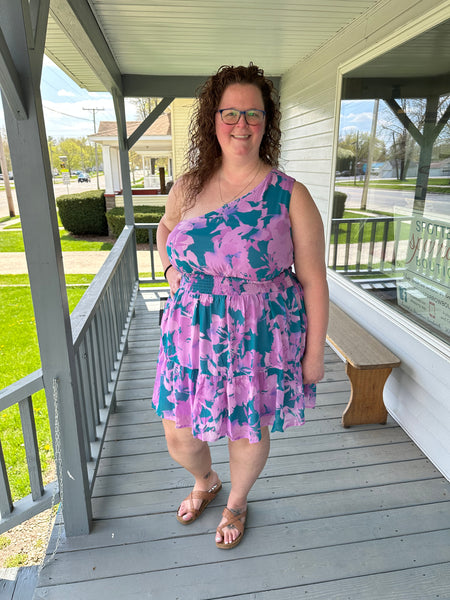 Curvy Lavender Floral One Shoulder Dress