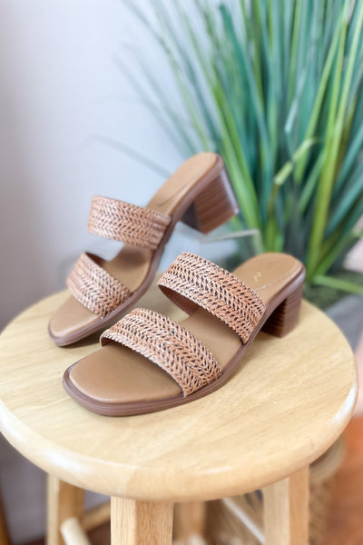 Cognac Raffia Chunky Heel Sandals