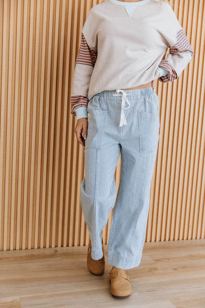 Sky Blue Striped Mid-Rise Drawstring Jeans