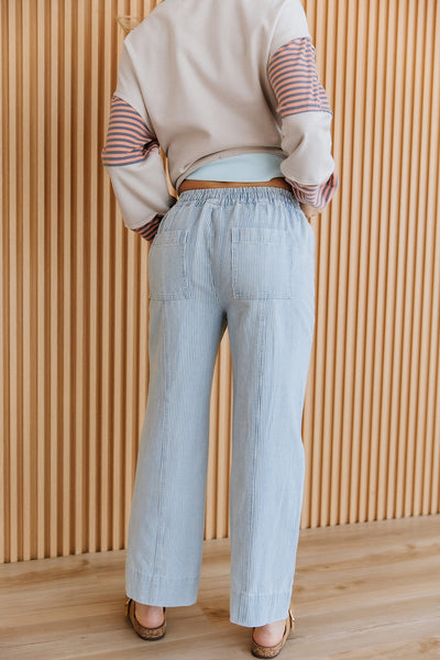 Sky Blue Striped Mid-Rise Drawstring Jeans