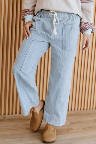 Sky Blue Striped Mid-Rise Drawstring Jeans