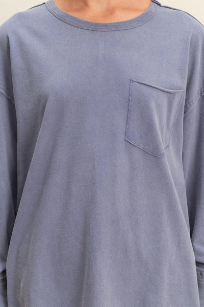 Dusty Indigo Oversized Washed Long Sleeve Pocket Tee