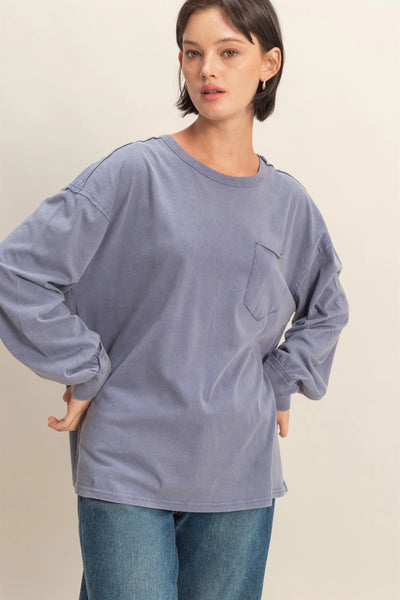 Dusty Indigo Oversized Washed Long Sleeve Pocket Tee
