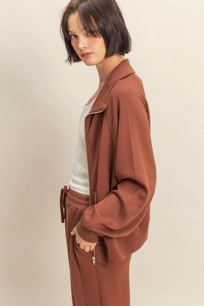 Chestnut High Neck Long Sleeve Zippered Jacket