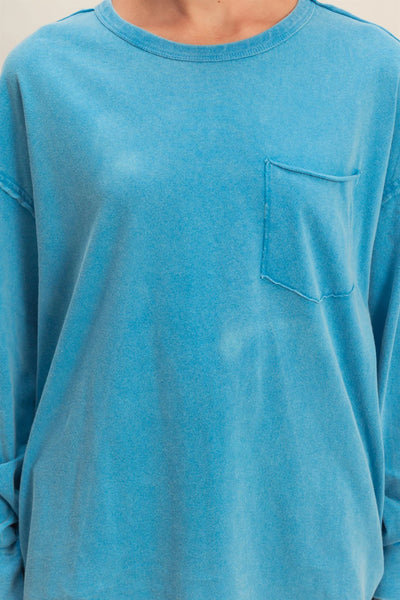 Ocean Blue Oversized Washed Long Sleeve Pocket Tee