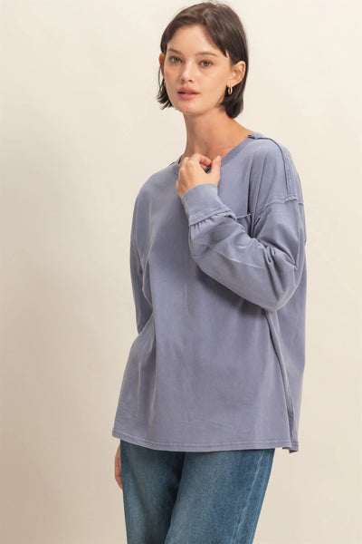 Dusty Indigo Oversized Washed Long Sleeve Pocket Tee