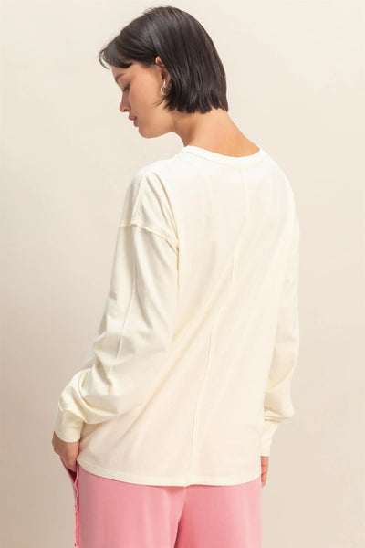 Cream Oversized Washed Long Sleeve Pocket Tee
